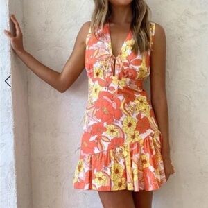 By Nicola Carnivale Tie Mini Dress In Sunrise Blooms Floral Orange Yellow Plunge